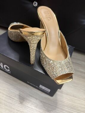 INC International Concepts Gold Beaded Peep-Toe Mules